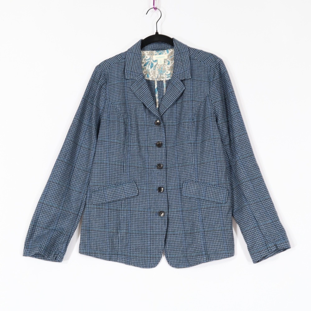 Sundance Blazer Women M Blue Houndstooth Cotton Linen Martingale Casual Academia